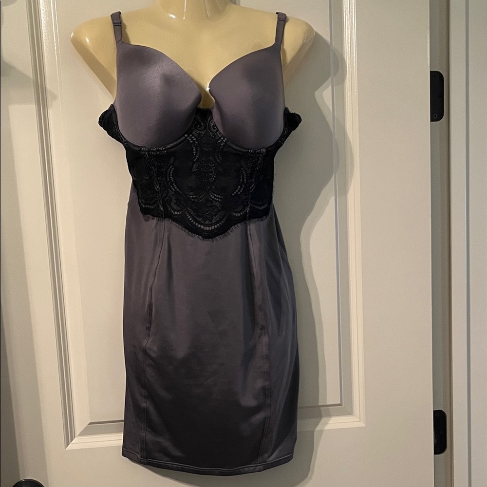 Flexees Pretty Shapewear Full Slip #2364 Gray with Black Lace NWT